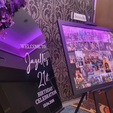 Black Easel with photo montage at a 21st Event in Calamvale, Brisbane - party hire by SweetAz Co.