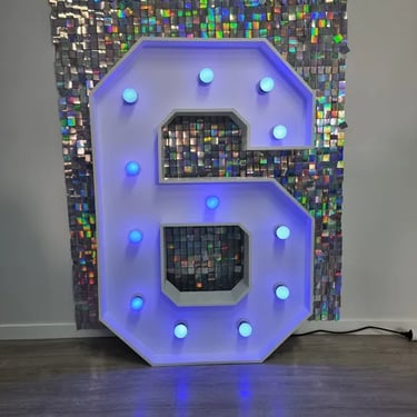 Blue six marquee number in front of an iridescent shimmer wall in Shailer Park.
