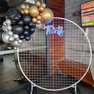 Circle Backdrop setup for a White Birthday in Chatswoodhill, Logan - party hire by SweetAz Co.