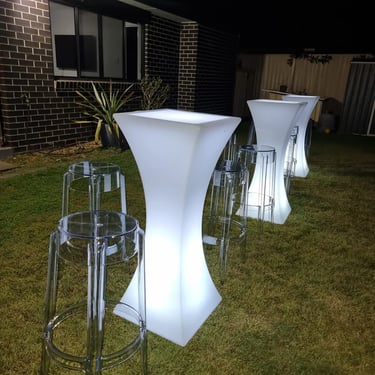 Cocktail Tables glowing up at an Anniversary Party in Mountcotton, Redlands - party hire by SweetAz Co.