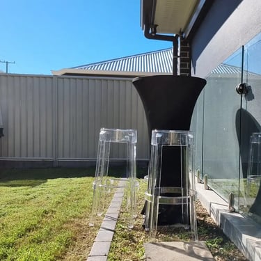 Cocktail Table with black cover and stools for a Anniversary Party in Redlandbay, Redlands - party hire by SweetAz Co.