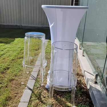 Cocktail Table with the white spandex cover for a Wedding Reception in Redlandbay, Redlands - party hire by SweetAz Co.