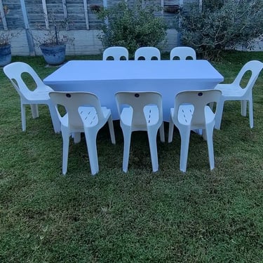 Folding Table dressed in white table cloths for a House Party in Cornubia, Logan - party hire by SweetAz Co.