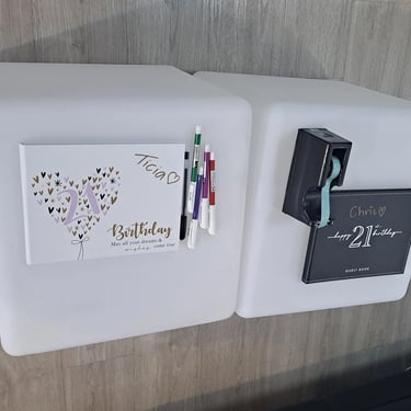 Glow Cubes as a guest book table for a joint 21st Birthday Party in Redlandbay, Redlands - party hire by SweetAz Co.