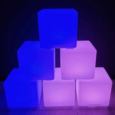 Pink and blue glow cubes stacked into a pyramid feature, available for hire in Redlands.