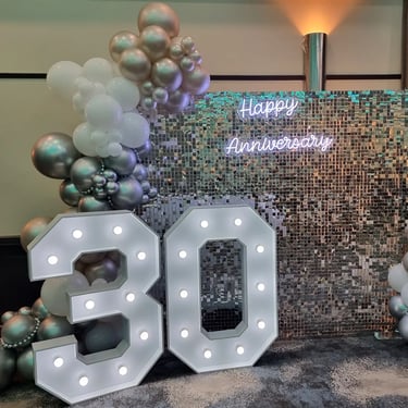 Happy Anniversary neon glowing up the vibe at a Wedding Anniversary in Loganholme, Logan - party hire by SweetAz Co.