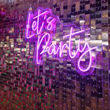 Lets Party neon glwing on a shimmer wall at a 40th Birthday in Cleveland, Redlands - party hire by SweetAz Co.