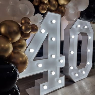 White light-up 40th birthday numbers setup in Redlands by SweetAz.