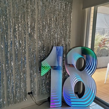 Marquee Number 18 on the silver feature wall at an 18th Birthday in Thornlands, Redlands - party hire by SweetAz Co.