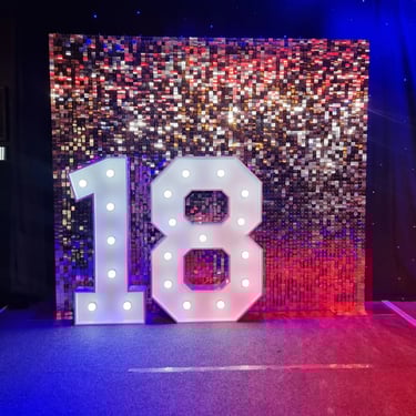 Marquee Number 18 & rose gold shimmer wall at an 18th Celebration in Loganholme, Logan - party hire by SweetAz Co.