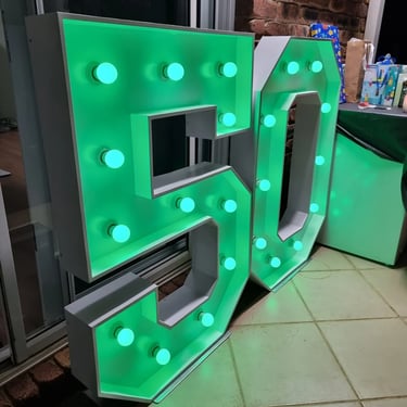 Marquee Number lit green for a 50th Birthday in Tanahmerah, Logan - party hire by SweetAz Co.
