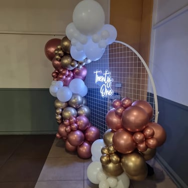 Mesh Backdrop photo wall with garland and neon for a 21st Birthday in Springwood, Logan - party hire by SweetAz Co.