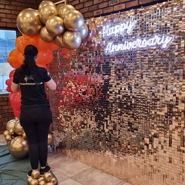 Neon Sign setup for a Happy Anniversary in Cleveland, Redlands - party hire by SweetAz Co.