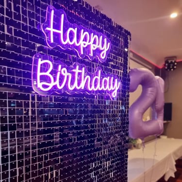 Neon Sign setup for a Happy Birthday in Cleveland, Redlands - party hire by SweetAz Co.