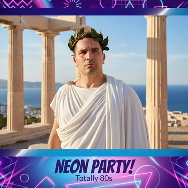 Photo Booth Roman toga template for AI Celebrations in Redlandbay, Redlands - party hire by SweetAz Co.