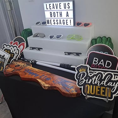 Photo Booth props table setup for a joint 21st Birthday Celebration in Redlandbay, Redlands - party hire by SweetAz Co.