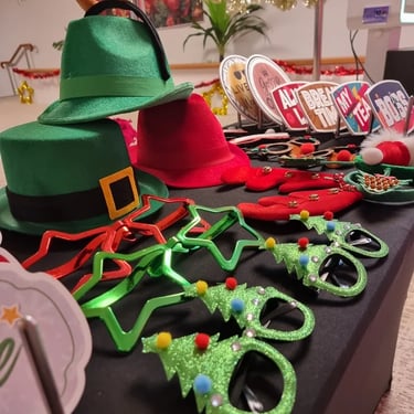 Photo Booth props themed in green and red at a Staff Xmas in Redlandbay, Redlands - party hire by SweetAz Co.