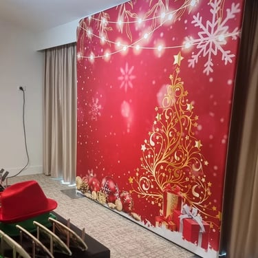 Photo Booth festive backdrop at a Xmas Party in Victoriapoint, Redlands - party hire by SweetAz Co.