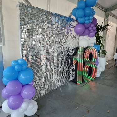 Shimmer Wall, balloon garland, marquee number for an 18th Birthday in Cleveland, Redlands - party hire by SweetAz Co.