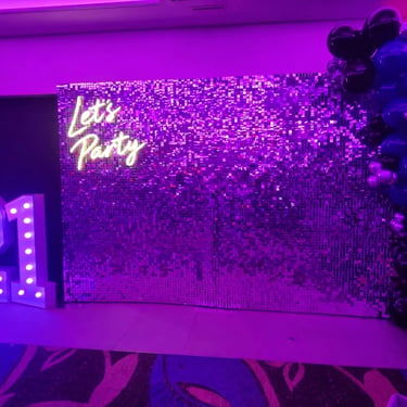 Shimmer Wall setup at a function room for a 21st Birthday in Calamvale, Brisbane - party hire by SweetAz Co.