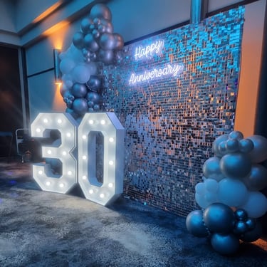 Shimmer Wall glistening in neon light at a 30th Anniversary in Loganholme, Logan - party hire by SweetAz Co.