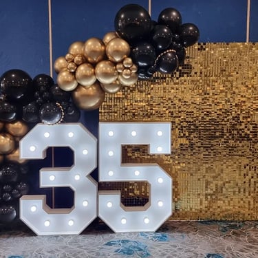 Gold Shimmer Wall featured at a 35th Milestone in Manly, Brisbane - party hire by SweetAz Co.