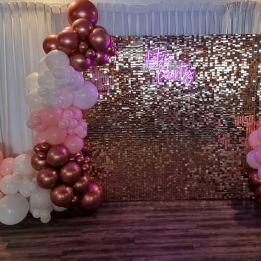 Shimmer Wall in Rose Gold with pink ballons at a 40th Birthday in Cleveland, Redlands - party hire by SweetAz Co.