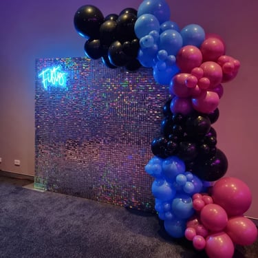 Iridescent Shimmer Wall setting the vibe for a Birthday Event in Capalaba, Redlands - party hire by SweetAz Co.