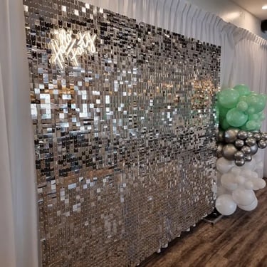 Silver Shimmer Wall setting the vibe for a Birthday Party in Cleveland, Redlands - party hire by SweetAz Co.