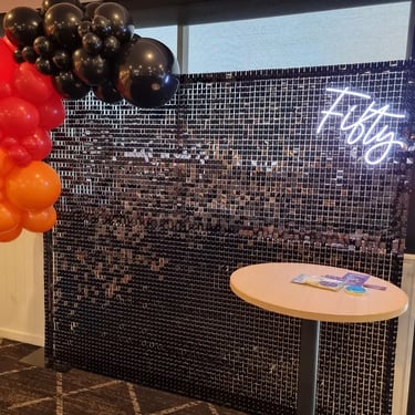 Shimmer Wall Black Birthday celebration in Wellingtonpoint, Redlands - party hire by SweetAz Co.