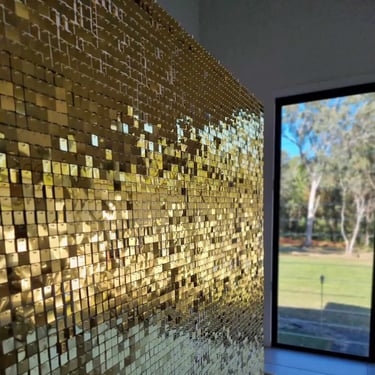 Shimmer Wall captured at a Gold Birthday in Alexandrahills, Redlands - party hire by SweetAz Co.