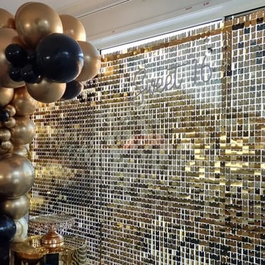 Shimmer Wall setup for a Gold Birthday in Annerley, Brisbane - party hire by SweetAz Co.