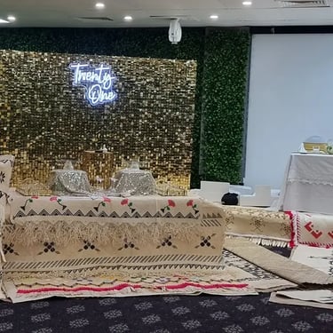 Shimmer Wall setup for a Gold Birthday in Sunnybank, Brisbane - party hire by SweetAz Co.