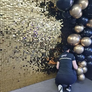 Shimmer Wall hired for a Gold Openevent in Ormeau, Gold Coast - party hire by SweetAz Co.