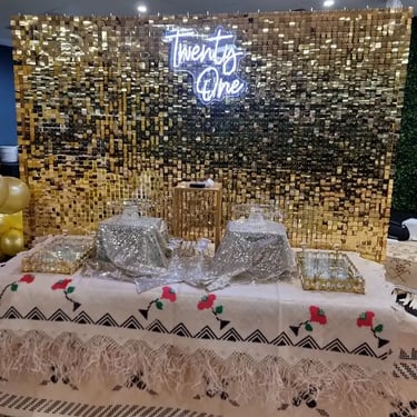 Shimmer Wall setup for a Gold Twentyone in Sunnybankhills, Brisbane - party hire by SweetAz Co.
