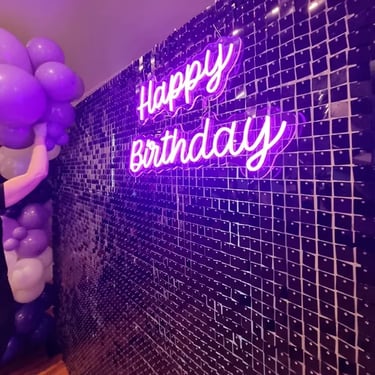 Shimmer Wall hire for a Happy Birthday in Capalaba, Redlands - party hire by SweetAz Co.