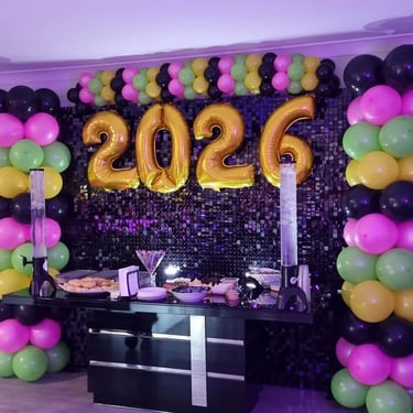 Shimmer Wall and garland at the food station druing a New Years in Redlandbay, Redlands - party hire by SweetAz Co.
