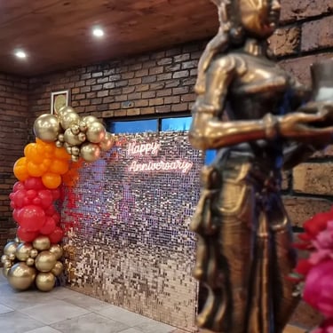 Shimmer Wall in the colour of Rosegold for a Anniversary in Birkdale, Redlands - party hire by SweetAz Co.