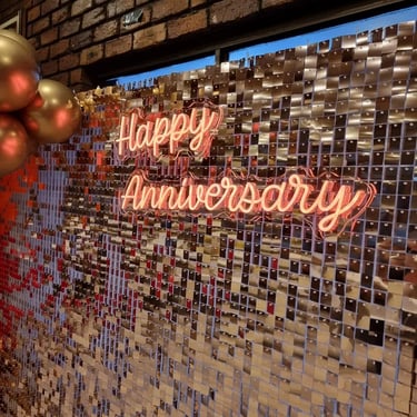 Shimmer Wall in the colour of Rosegold for an Anniversary in Thorneside, Redlands - party hire by SweetAz Co.