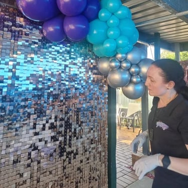 Shimmer Wall in the colour of Rosegold for a Birthday in Capalaba, Redlands - party hire by SweetAz Co.