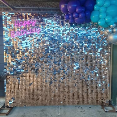Shimmer Wall in the colour of Rosegold for a Birthday in Carina, Brisbane - party hire by SweetAz Co.