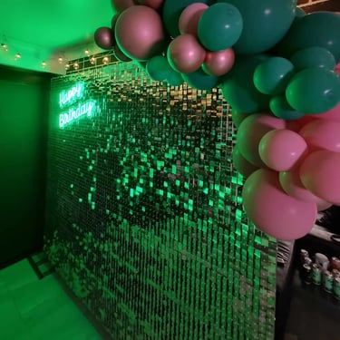 Shimmer Wall featured in Rosegold for a Birthday in Redlandbay, Redlands - party hire by SweetAz Co.
