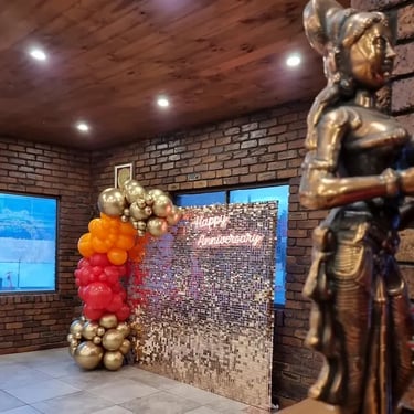 Shimmer Wall displayed in the colour of Rosegold for a Celebration in Capalaba, Redlands - party hire by SweetAz Co.