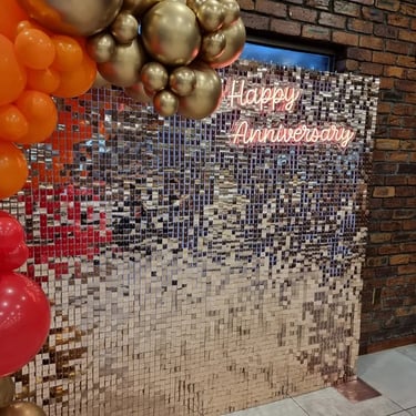 Shimmer Wall in the colour of Rosegold during a Celebration in Thornlands, Redlands - party hire by SweetAz Co.