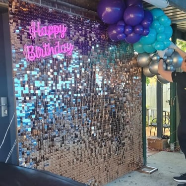 Shimmer Wall in the colour of Rosegold for a Tenth Birthday in Alexandrahills, Redlands - party hire by SweetAz Co.