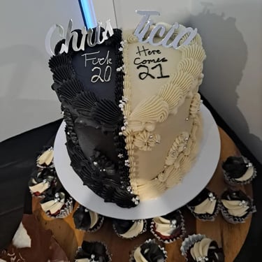 Sweetaz Crew admiring the black and white cake at a 21st Birthday in Redlandbay, Redlands - party hire by SweetAz Co.