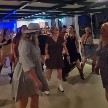Sweetaz Crew and friends on the dance floor for a Country Party Cruise in Newfarm, Brisbane - party hire by SweetAz Co.