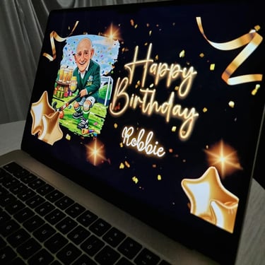 Uncle Bobs on the laptop display at his 80th Party in Carina, Brisbane - party hire by SweetAz Co.