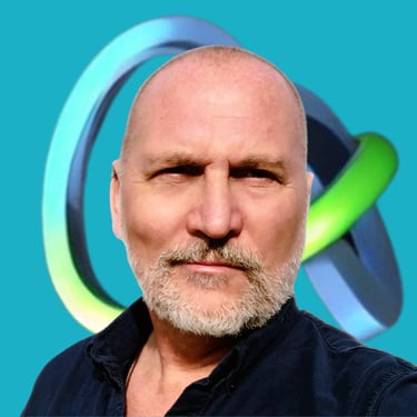 Vlad Hunter Lodzinski, Stelarator CEO against it's logo background, a determined looking exec