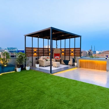 Contemporary terrace garden setup with wooden deck flooring